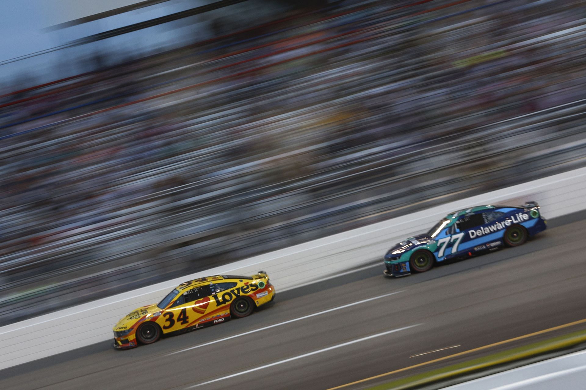 Spire Motorsports' Michael McDowell (#34) and Carson Hocevar (#77) during the 2024 Cook Out 400 at Richmond. Source: Getty